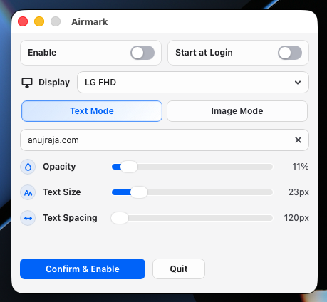 Airmark text watermark settings