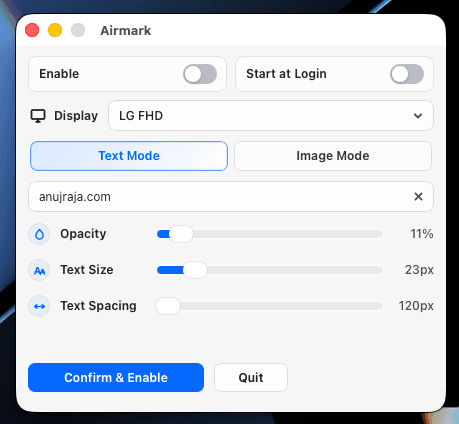 Airmark text watermark controls for macOS