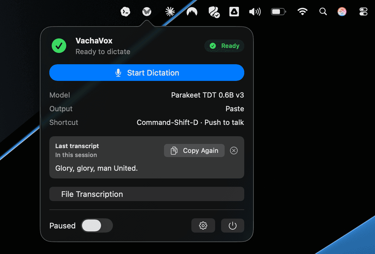 VachaVox ready-to-dictate menu bar app