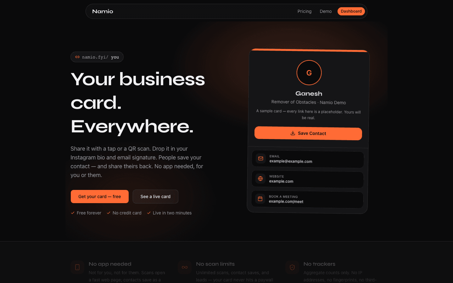 Namio digital business card product
