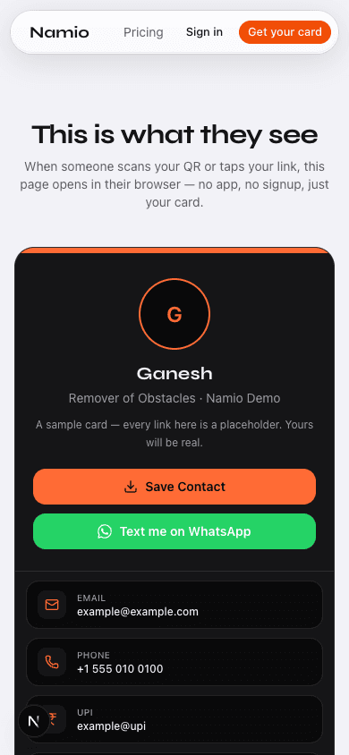 New Namio demo branch viewed on an iPhone-sized screen
