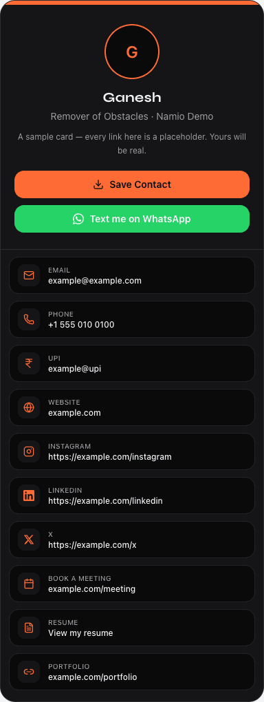 Ganesh example Namio card showing all supported contact fields