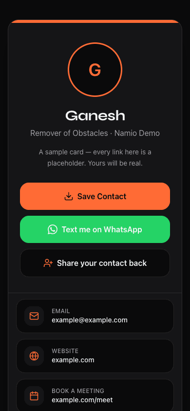 A Namio digital business card on mobile